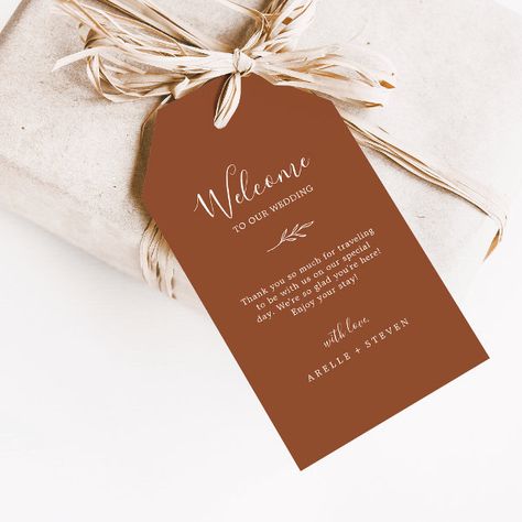 Minimal Leaf Terracotta Wedding Welcome Gift Tags Destination Wedding Bags, Welcome Bag Tags, Terracotta Wedding, Welcome Bag, Wedding Gift Tags, Wedding Favor Bags, Hotel Guest, Welcome To Our Wedding, Wedding Favor Tags