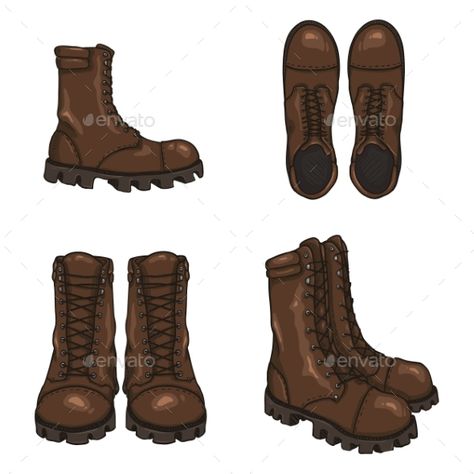 Set of Vector Cartoon Army Boots Male Boots Drawing, Leather Boots Drawing, Boots Drawing Reference Front View, Army Boots Drawing, How To Draw Boots, Boots Back View, Combat Boots Drawing, Boots Front View, Boots Drawing Reference