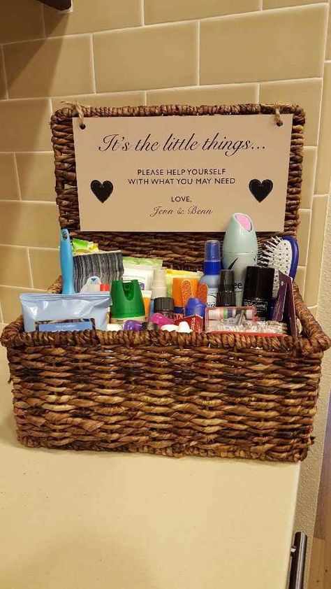 Bathroom Basket Wedding, Bathroom Basket, Wedding Bathroom, Bathroom Baskets, Wedding Favors Cheap, Future Wedding Plans, Diy Wedding Favors, Cute Wedding Ideas, In Bathroom