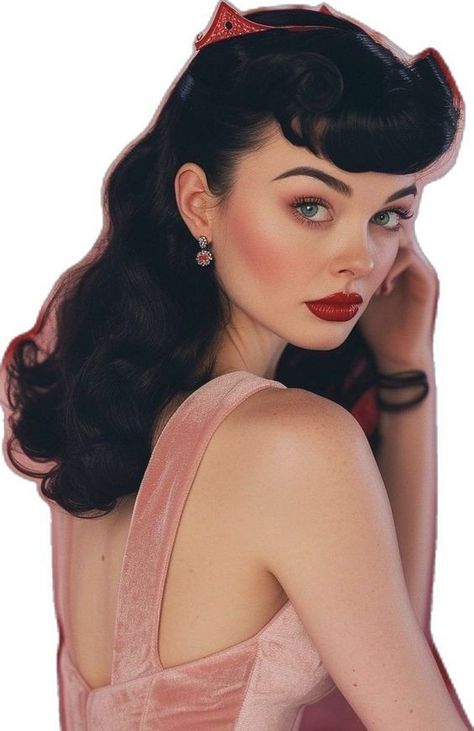 Pin Up Girl Makeup And Hair, Vintage Pinup Hairstyles, Pink Hair Red Dress, Pinup Makeup Looks, 50s Inspired Hair, 50s Pin Up Hair, Pinup Makeup Vintage, Pin Up Aesthetic, Jaclyn Hill Volume 2