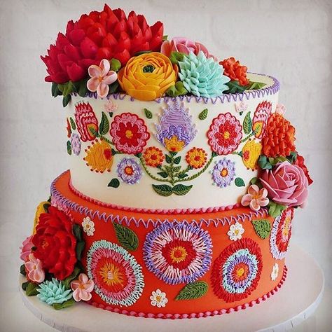 Floral embroidered cake by Leslie Virgil Mexican Cake, Mexican Birthday Parties, Fiesta Cake, Fiesta Birthday Party, Mexican Birthday, Mexican Party Theme, Fiesta Theme, Fiesta Birthday, Savoury Cake