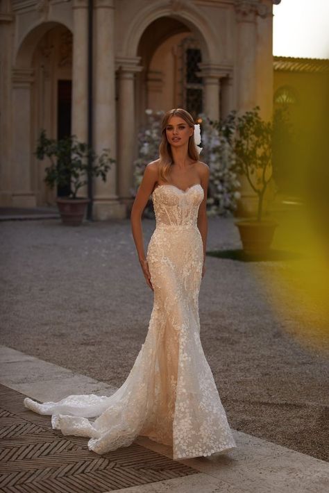 Bonita - Bridal Dress ➤ Milla Nova Sweetheart Neckline Bridal Gown, Sweetheart Strapless Wedding Dress, Mills Nova Wedding Dresses, Lace And Sparkle Wedding Dress, Nude Lace Wedding Dress, Strapless Fitted Wedding Dress, Mila Nova Wedding Dress, Lace Wedding Dress Strapless, Strapless Sweetheart Wedding Dress