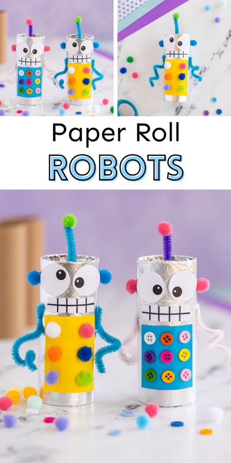 Ninja Toilet Paper Roll Craft, Preschool Toilet Paper Roll Activities, Tin Foil Robot Craft, Toilet Paper Roll Windsock, Stem With Toilet Paper Rolls, Robots Arts And Crafts, Craft Robot Ideas, Recycled Monster Project, Futuristic Crafts For Kids