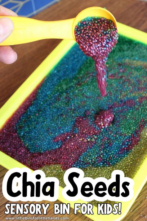 Chia Seed Sensory Bin - Little Bins for Little Hands Nature Themed Sensory Bins, Nutrition Sensory For Preschool, Low Sensory Activities, Crushed Cheerios Sensory Bin, Sponge Sensory Bin, Science Sensory Bins Preschool, Healthy Eating Sensory Bin, Indoor Sensory Bin, Chia Slime Sensory