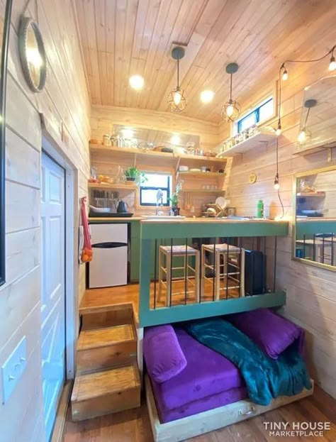 Tiny House Pull Out Bed, 20 Ft Container Home Interior, 20 Ft Tiny House On Wheels, Tiny Home Pull Out Bed, Tiny Home Bed Ideas, Trailer Into Tiny House, Tiny House Bookshelves, Tiny House Deck Ideas, Garage Cabana