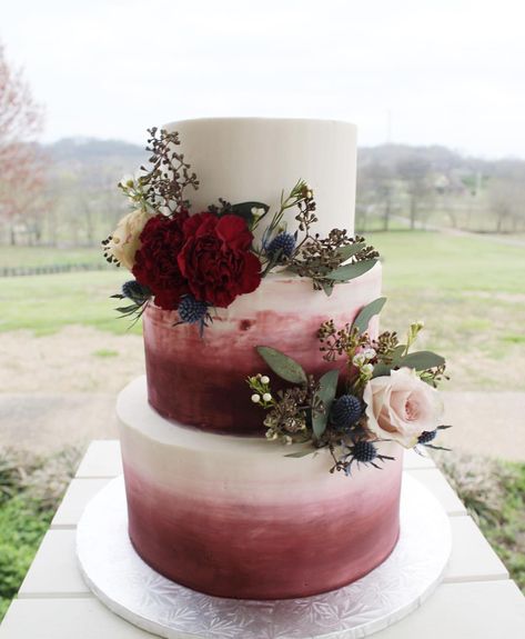 Bold Color Wedding Cake, 3 Tier Wedding Cake Different Flavors, Rose Gold Burgundy Cake, Green And Red Wedding Cake, Simple Wedding Cake Burgundy, Maroon Wedding Cake Design, Wedding Cake Wine Color, Red Velvet Wedding Cake 2 Tier, Navy Blue And Maroon Wedding Cake