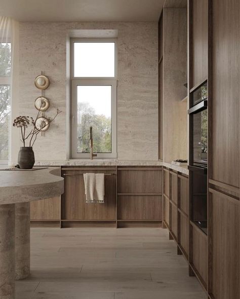 The Epicurean on Instagram: "ALL THINGS NEUTRAL — Love this mix of natural colored wood & travertine. Designed by @leyla_interiors" Travertine And Wood, Neutral Kitchen Designs, Minimalistic Interior Design, Italy Kitchen, Minimalistic Interior, Timber Kitchen, Nice Kitchen, Neutral Kitchen, Design Journal