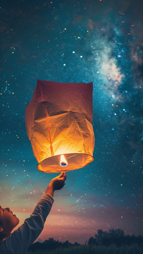 Starry Lantern Release: A person releases a glowing lantern into the star-scattered sky on a serene night. #starry #lantern #release #night #sky #aiart #aiphoto #stockcake ⬇️ Download and 📝 Prompt 👉 https://ayr.app/l/s2QE Lanterns To Release In Sky, Sky Lantern Drawing, Sky Lanterns Photography, Lanterns Drawing, Chath Pooja Image, Lantern Release, Lantern Aesthetic, Lantern Photography, Glowing Lantern