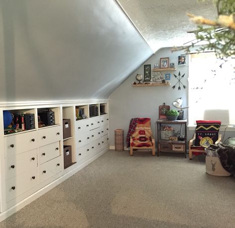 Built in dressers in attic space. Boys room with slanted ceilings                                                                                                                                                                                 More Room With Slanted Ceiling, Attic Office, Slanted Walls, Attic Renovation Ideas, Finished Attic, Attic Closet, Built In Dresser, Attic Playroom, Knee Wall