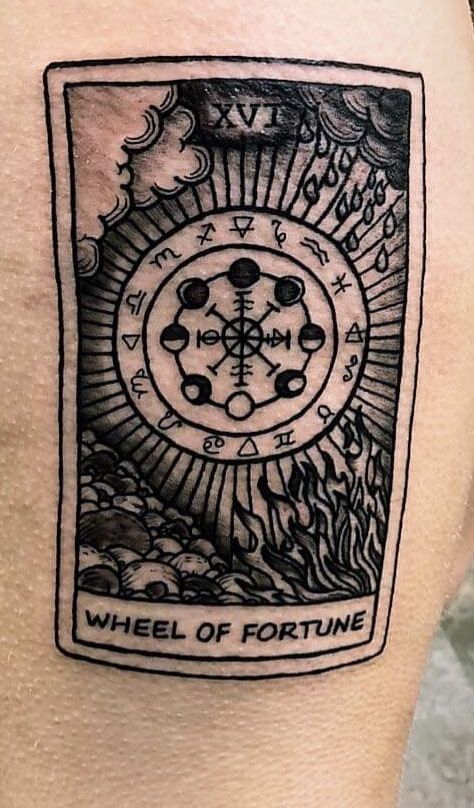 Fortune Card Tattoo, The Wheel Tarot Tattoo, Wheel Of Fortune Tarot Design, Tarot Card Tattoo Wheel Of Fortune, The Wheel Of Fortune Tarot Tattoo, Tarot Sleeve Tattoo, Tarot Tattoo Ideas Symbols, Tarot Tattoo Ideas Small, Tarot Cards Tattoo Ideas