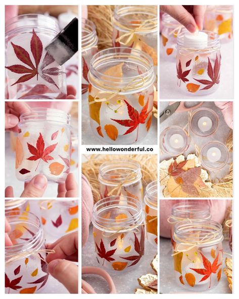 Autumn Ideas For School, Fall Leaf Mason Jar Craft, Fall Workshop Ideas, Fall Themed Crafts For Adults, Fall Bottle Crafts, Fall Crafts For Women, Autumn Gifts Diy, Pressed Leaf Art, Fall Crafts For Seniors Assisted Living