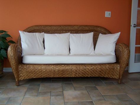 Malabar Pottery Barn oversized wicker couch/sofa   discontinued, great Wicker Couch Living Room, Boho Wicker Couch, Pottery Barn Ayden Sofa, Decking Furniture, Pottery Barn Wicker Couch, Pretzel Rattan Sofa, Wicker Stool, Pottery Barn Tan Sectional, Wicker Furniture Makeover