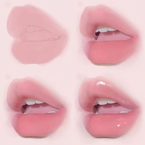 118078821474312313-IdeaPin-page-1-image Digital painting tutorial of pink lips, step-by-step illustration, from sketch to glossy finish, realistic art technique. | Sky Rye Design How To Render Lips Digital Art, Lip Digital Art Tutorial, How To Shade Lips, How To Paint Lips, Glossy Lips Drawing, Lips Tutorial Drawing, Lips Drawing Reference, Lips Drawing Tutorial, Drawing Ideas Digital