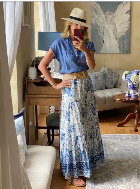 How to wear a short sleeve linen blouse with a floral tiered maxi skirt . . . #ootd #wiw #lotd #over40 #over40fashion #fashion #midlifestyle #over40style #midlife #whattowear #howtostyle #style #stylingtips #summerstyle #looksforsummer #summerfashion #whattowearinsummer #summerstylingtips #summerlooks #ideasonwhattowearinsummer Floral Tiered Skirt Outfit, Blue And White Maxi Skirt Outfit, Tiered Maxi Skirt Outfit Summer, How To Wear A Long Skirt, How To Style Maxi Skirts, How To Style A Maxi Skirt, Skirt Ootd, Midlife Fashion, Summer Outfits Y2k