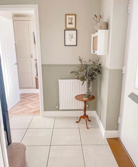 Two Color Hallway, Two Tone Wall Hallway, Half Up Painted Wall, Light Coloured Hallway, Hallways Colour Ideas, Half Painted Wall Dado Rail, Two Toned Hallway, Two Toned Hallway Colors, Sage Green And White Hallway