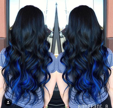 Black And Dark Blue Hair Underneath, Black And Blue Balayage Hair, Black With Blue Tips Hair, Black Hair With Blue Extensions, Black Hair With Royal Blue Highlights, Black Hair With Blue Lowlights, Black And Blue Hair Underneath, Black Hair With Blue Ends, Black With Blue Underneath Hair