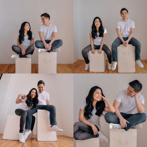 Self Shoot Prenup, Studio Casual Photoshoot, Couple Poses Self Photoshoot, Couple Photo Studio Ideas Casual, Photoshoot Idea Couple, Couple Jeans Outfit, Couples Photoshoot Studio Photo Ideas, Prenup Concept Ideas, Casual Shoot Ideas