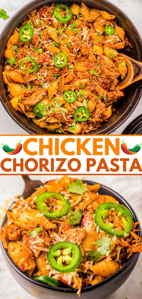 Cream Cheese And Tomato, Seasoned Shredded Chicken, Chicken And Chorizo Pasta, Chorizo Pasta, Chicken Chorizo, Cheese And Tomato, Averie Cooks, Pasta Shells, Comfort Food Recipes Dinners