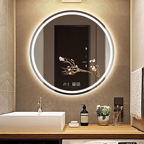 Amazon.com: Round LED Mirror Backlit Mirror Bathroom Vanity Mirror with Lights Anti-Fog Circle Lighted Mirror Large Round Bathroom Mirror Wall Mounted Dimmable Illuminated Makeup Mirror, with time/Temperature (S : Home & Kitchen Circle Light Mirror, Backlit Mirror Bathroom, Round Led Mirror, Round Bathroom Mirror, Bathroom Mirror Wall, Vanity Mirror With Lights, Round Bathroom, Backlit Mirror, Illuminated Mirrors