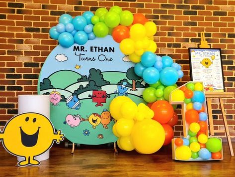 Mr Men Birthday Party, Mr Men Party, White Plinth, Be The Main Character, Mr Happy, Happy Birthday Theme, Mr Men Little Miss, Party Styling, Men Party