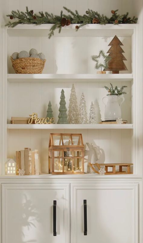 Christmas Decor Bookcase, Christmas Decor On Built In Shelves, Decorating Built Ins For Christmas, Christmas Decor For Bookshelves, Wall Shelves Christmas Decor, Christmas Styled Shelves, Christmas Bookcase, Shelf Decor Christmas, Christmas Wall Shelf Decor Ideas