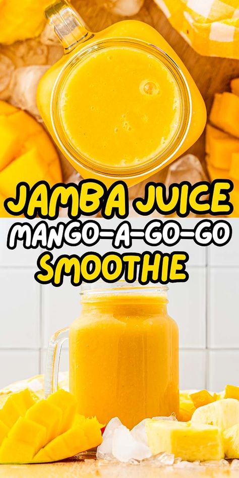 Mango, passionfruit and pineapple combine in this beautiful copycat. It's silky smooth and loaded with sweet mango, pineapple, and passionfruit flavors in every sip. Just like the Jamba Juice smoothie, this has a fresh taste and is full of nutrients from the fresh fruit. But you can save your hard-earned dollars by whipping up your very own version of the mango-a-go-go smoothie - it tastes just like the original! The recipe makes 2 smaller servings or 1 large one. And you're going to love it! Mango Passion Fruit Smoothie, Mango A Go Go Smoothie Jamba Juice, Panera Mango Smoothie Recipe, Copycat Jamba Juice, Peanut Butter Banana Smoothie Recipe, Jamba Juice Recipes, Jamba Juice Smoothies, Smoothie Bowl Recipe Healthy, Mango Passionfruit