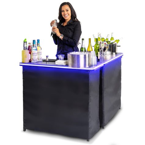 PRICES MAY VARY. DOUBLE LED BAR SET: Includes 2 bar tables with multi-color LED lights built into the tabletop frame for a high quality performance and look; Cycle between 8 color modes; Includes an attachable black bar skirt that works for casual and formal events MOBILE BARTENDERS: Get 2x the space for large parties and events; Includes 2 clamps to connect the tables in an L-shape or side by side; Each table measures 39 x 36 x 15 inches (W x H x D) when open; Requires 3 AA batteries per table Outdoor Bar Setup For Party, Cocktail Party Set Up Ideas, Mobile Bartending Setup, Bar Set Up For Wedding, Mobile Bar Set Up, Bar Set Up For Party At Home, Bar Setup For Party, Party Basement, Mobil Bar