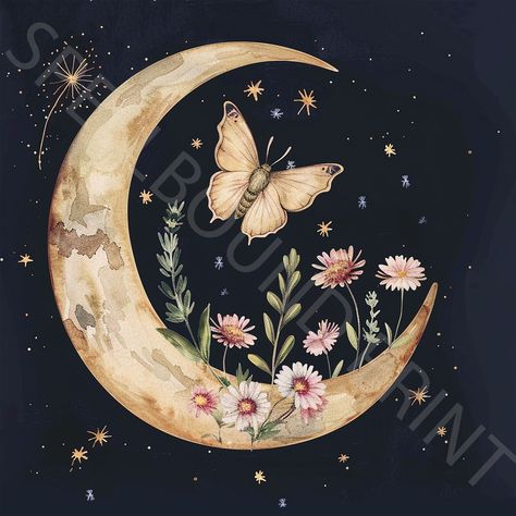 Vintage Crescent Moon Poster, Mystical Moon and Moth Art Print, Stars, Wildflowers, Celestial Wall Art, Moon and Stars Art, Vintage Decor Moon Illustration Aesthetic, Moon And Crystal Tattoo, Moon Cycle Art, Vintage Celestial Art, Moon And Stars Art, Moth Artwork, Vintage Crescent Moon, Crescent Moon Art, Moon Stars Art