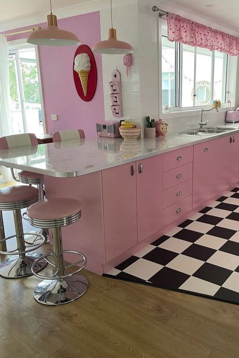 "This is part of my kitchen as you walk in through the door. The floor plan was changed to open living," Mel reports. Credit: <a href="https://www.instagram.com/vinnieboyvintage/">Mel</a> Barbie Dream House Kitchen, Barbiecore Home Decor, Barbiecore Kitchen, Barbiecore Home, Pink Home Aesthetic, Y2k Interior Design, Pink House Aesthetic, Pink Retro Kitchen, 1980s Kitchen