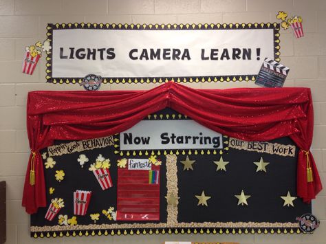 Red Carpet Bulletin Board Ideas, Drama Display Boards, Class Officers Bulletin Board, Movie Theme Bulletin Board Ideas, Cinema Theme Classroom, Movie Themed Bulletin Boards, Cinema Bulletin Board, Lights Camera Action Bulletin Board, Hollywood Bulletin Board Ideas