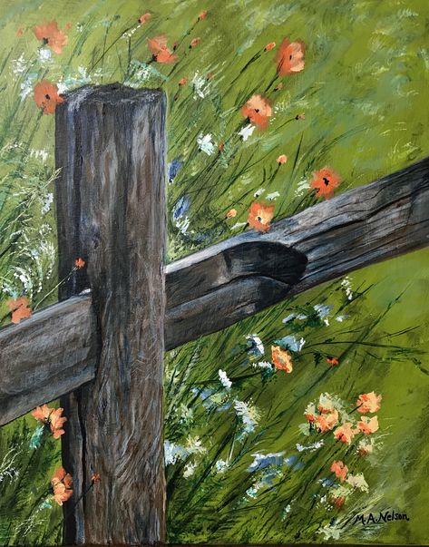 Fence Post & Flowers Acrylic on canvas Fence Post Painting, Fence With Flowers Painting, Painted Vines And Flowers, Simple Acrylic Paintings Landscape, Painted Flowers On Wood, Fence Drawing, Painting Fence, Farm Scene Painting, Painting On Glass Windows