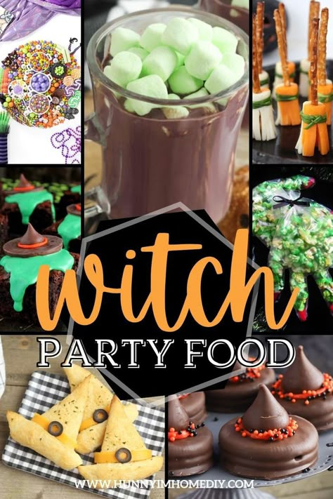 Witch party food ideas Witchy Party Snacks, Halloween Witch Themed Food, Halloween Witch Recipes, Witches Party Ideas For Adults, Witch Themed Appetizers, Fall Birthday Party Food Ideas For Kids, Kids Witch Birthday Party, Witch Themed Desserts, Witch Party Food Ideas