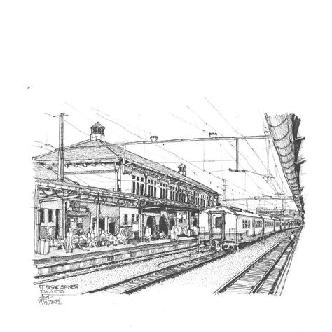 Railway Station Drawing Sketch, Railway Station Drawing, Station Drawing, Interior Design Degree, Indian Railways, Dutch Colonial, Drawing Pen, Tangerang, Ink On Paper