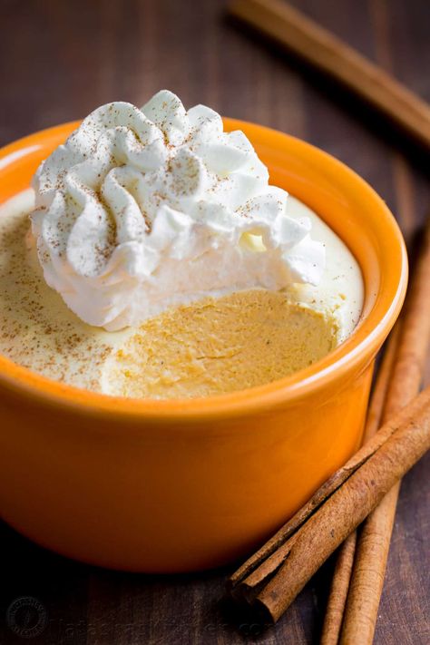 Pumpkin mousse cups have the taste and texture of whipped pumpkin pie. Smooth and airy pumpkin mousse recipe with the best rum-infused whipped cream! | natashaskitchen.com Whipped Pumpkin Pie, Pumpkin Mousse Recipe, Puree Pumpkin, Whipped Pumpkin, Mousse Cups, Pumpkin Mousse, Unflavored Gelatin, Sugar Pumpkin, Pumpkin Recipes Dessert