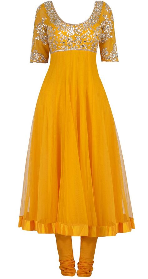 Yellow Frock with churidar Chudithar Designs, Umbrella Kurti Design, Umbrella Kurti, Arpita Mehta, Net Anarkali, Yellow Anarkali, Ladies Suits, Kurti Design, Indian Gowns