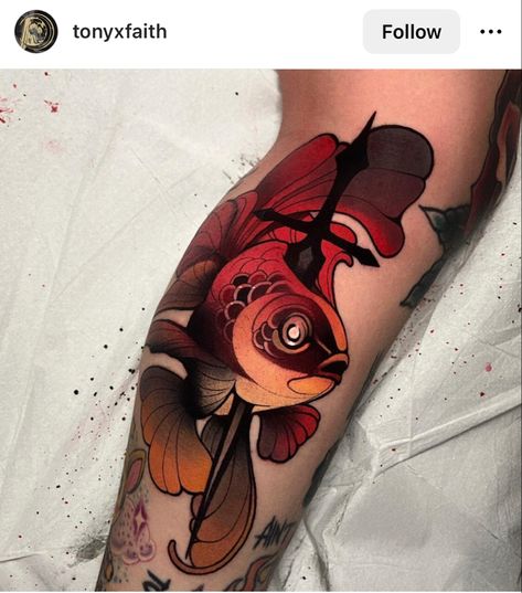 Neo Traditional Calf Tattoo, 3d Fish Tattoo, Small Neotraditional Tattoo, Traditional Fish Tattoo, Goldfish Tattoo, Shoulder Cap Tattoo, Art Nouveau Tattoo, Behind Ear Tattoos, Neo Tattoo