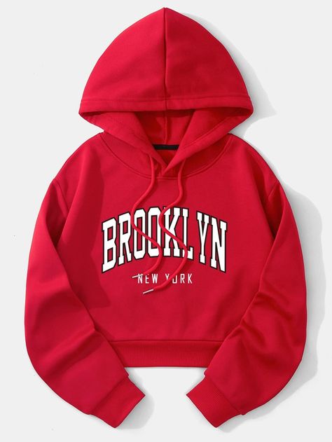 Women Slogan, Drop Shoulder Hoodie, Dropped Shoulder Sweatshirt, Letter Print Hoodie, Fabric Letters, Crop Hoodie, Winter Fits, Active Hoodie, Red Hoodie