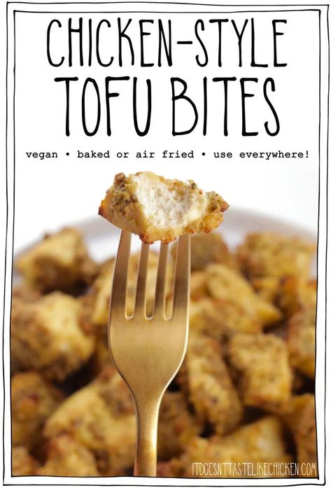 You won't be able to resist snacking on these delicious vegan Chicken-Style Tofu Bites! The blend of seasonings in this recipe creates a crispy coating that bursts with flavor. Enjoy them as a savory snack with your favorite dip, or use them to elevate salads, pasta dishes, sandwiches, or simply savor them straight from the pan! #itdoesnttastelikechicken #tofu #veganrecipes Tofu Baked, Asian Tofu, Tofu Bites, Salads Pasta, Vegan Meat, Vegan Chicken, Vegan Tofu, Tofu Dishes, Like Chicken