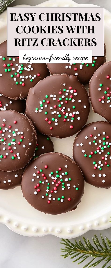 Image for Easy Christmas Cookies with Ritz Crackers Ritz Cracker Chocolate Covered, Rollo Ritz Crackers, Christmas Cookies Ritz Crackers, Ritz Cracker Dessert Treats, Ritz Crackers Christmas Cookies, Christmas Ritz Crackers, Ritz Bits Recipes, Ritz Cracker Christmas Treats, Holiday No Bake Treats