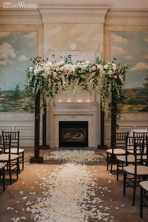 Enchanted Garden Wedding Filled with Romance | ElegantWedding.ca Fall Floral Arch Arrangements, Hanging Floral Ceremony Backdrop, Cascading Wedding Arch, Wedding Arch With Flowers On Top, Floral Greenery Wedding, Garden Wedding Chuppah, Wedding Arch With Wisteria, Wedding Wisteria Arch, Wedding Floral Arbor