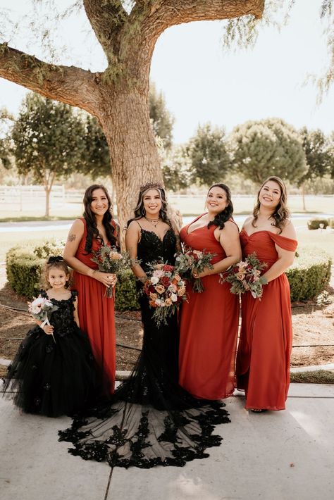 Black Wedding Dress Orange Bridesmaids, Black And Orange Bridesmaid Dresses, Black Wedding Dress And Bouquet, Halloween Bridesmaids Dresses, Fall Black Wedding Dress, Black Rust And Gold Wedding, Spooky Wedding Ideas Bridesmaid Dresses, Black Wedding Dress And Bridesmaids, Halloween Wedding Bridesmaids Dresses