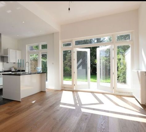 Kitchen Patio Doors, Open Plan Kitchen Living Room, House Extension Design, French Doors Patio, House Deck, Sliding Glass Doors, Transom Windows, White Windows, Home Addition