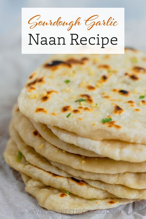 Homemade garlic naan is easier than ever with a sourdough recipe! Chewy, fluffy, and tender this is the ultimate homemade sourdough naan recipe! Sourdough Discard Naan Bread, Sourdough Discard Naan Recipe, Naan Bread Recipe No Yogurt, Sourdough Naan Recipe, Bread With Sourdough Starter, Sourdough Naan Bread Recipe, Sourdough Naan Bread, Sourdough Discard Naan, Sourdough Flatbread Recipe