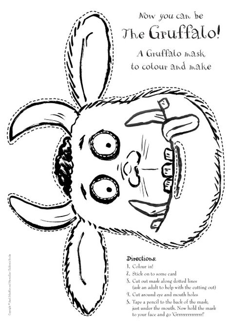 Grüffelo Maske Gruffalo Masks Printable, Gruffalo Printables Free, Gruffalo Party Bags, Book Week Activities For Kids, Gruffalo Mask, Gruffalo Activities, Julia Donaldson Books, Gruffalo Party, Gruffalo's Child