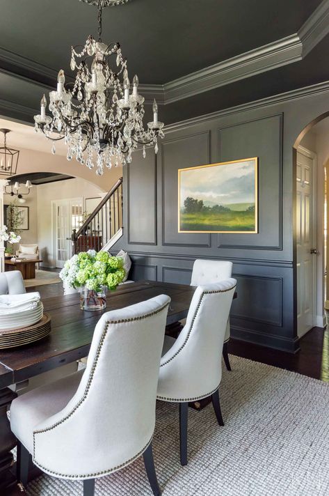 Dining Room Colors With Dark Furniture, Dark Dining Room Open Concept, Moody Gray Dining Room, Formal Dining Room With Fireplace, Fireplaces In Dining Rooms, Whitney Parkinson Dining Room, Dining Room All One Color, Dining Room Design Accent Wall, Dining Room Wall Trim Design