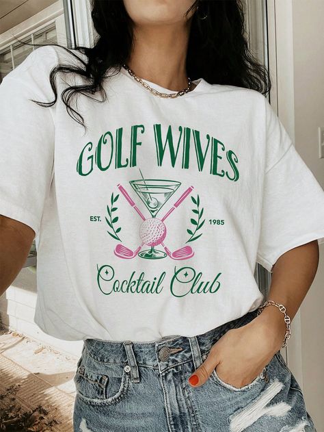 SHEIN Essnce Women's Summer Tee, Round Neck, Letter, Golf Club & Cocktail Glass PatternI discovered amazing products on SHEIN.com, come check them out! Cotton Summer Tops, Preppy Tee, Printing T Shirt, Boho Picnic, Work Formal, Womens Golf Shirts, Butterfly Blouse, Coachella Dress, Club Tops