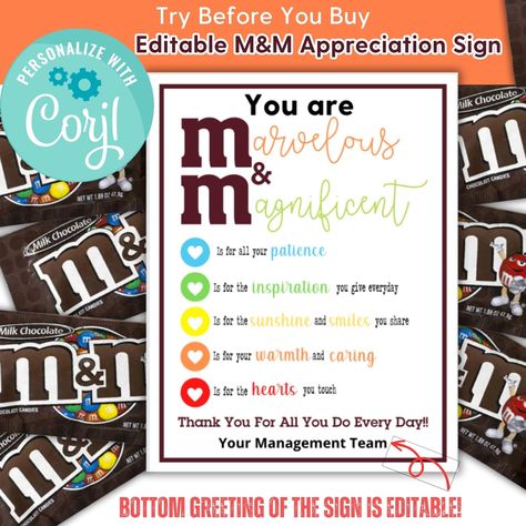 "Editable M&M Appreciation Sign - Corgl Editable Template Use this M&M Theme Sign for employee appreciation, teacher appreciation, nurse's week, and staff appreciation. Add this sign to a table with treats for a great surprise. Small gifts of gratitude and thanks mean a lot and go a long way! ✅ This is an EDITABLE INSTANT DOWNLOAD file; You can access your template directly from your browser using CORJL. No need to install software or download fonts. EDIT & TRY BEFORE YOU BUY! 👍 BOTTOM message M&m Teacher Appreciation Printable, M&m Quotes, M&m Classroom Theme, Employee Appreciation Week Ideas, Cupcake Quotes, Message Text, Appreciation Message, Appreciation Printable, Nurse Week