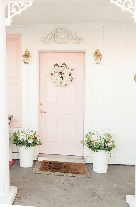 Spring Front Porch - at home with Ashley Porch Remodel On A Budget, Pink Shutters, Living Room Budget, Front Porch Remodel, Bathroom Budget, Front Porch Plants, Pink Front Door, Bathroom Unique, Porch Plants