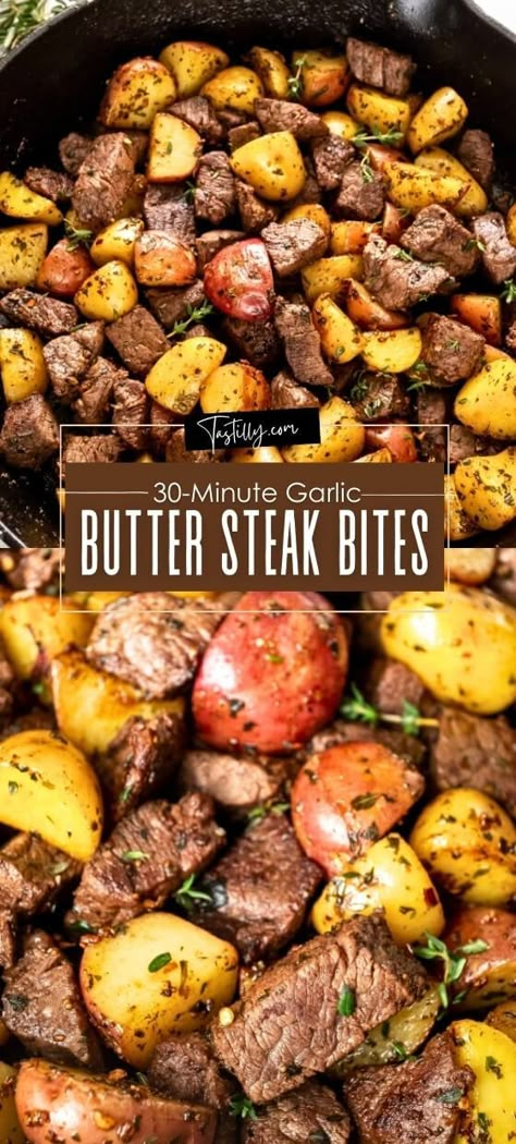 30-Minute Garlic Butter Steak Bites via @tastillyb Butter Steak Bites And Potatoes, Butter Steak Bites Recipe, Steak Bites And Potatoes, Garlic Butter Steak Bites, Butter Steak Bites, Steak And Potatoes, Steak Bites Recipe, Beef Steak Recipes, Butter Steak