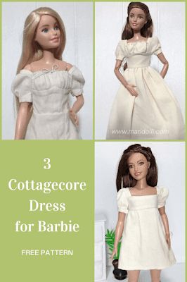 3 Cottagecore Inspired Dress to Sew for Barbie - Maridolli Barbie Peasant Dress Pattern, Barbie Dress Sewing Pattern, Simple Barbie Dress Pattern, Barbie Clothes Inspiration, Barbie Doll Dress Patterns Free Sewing, Barbie Free Patterns Sewing, Barbie Clothes Free Patterns, Barbie Doll Sewing Patterns Free, Free Barbie Doll Clothes Patterns